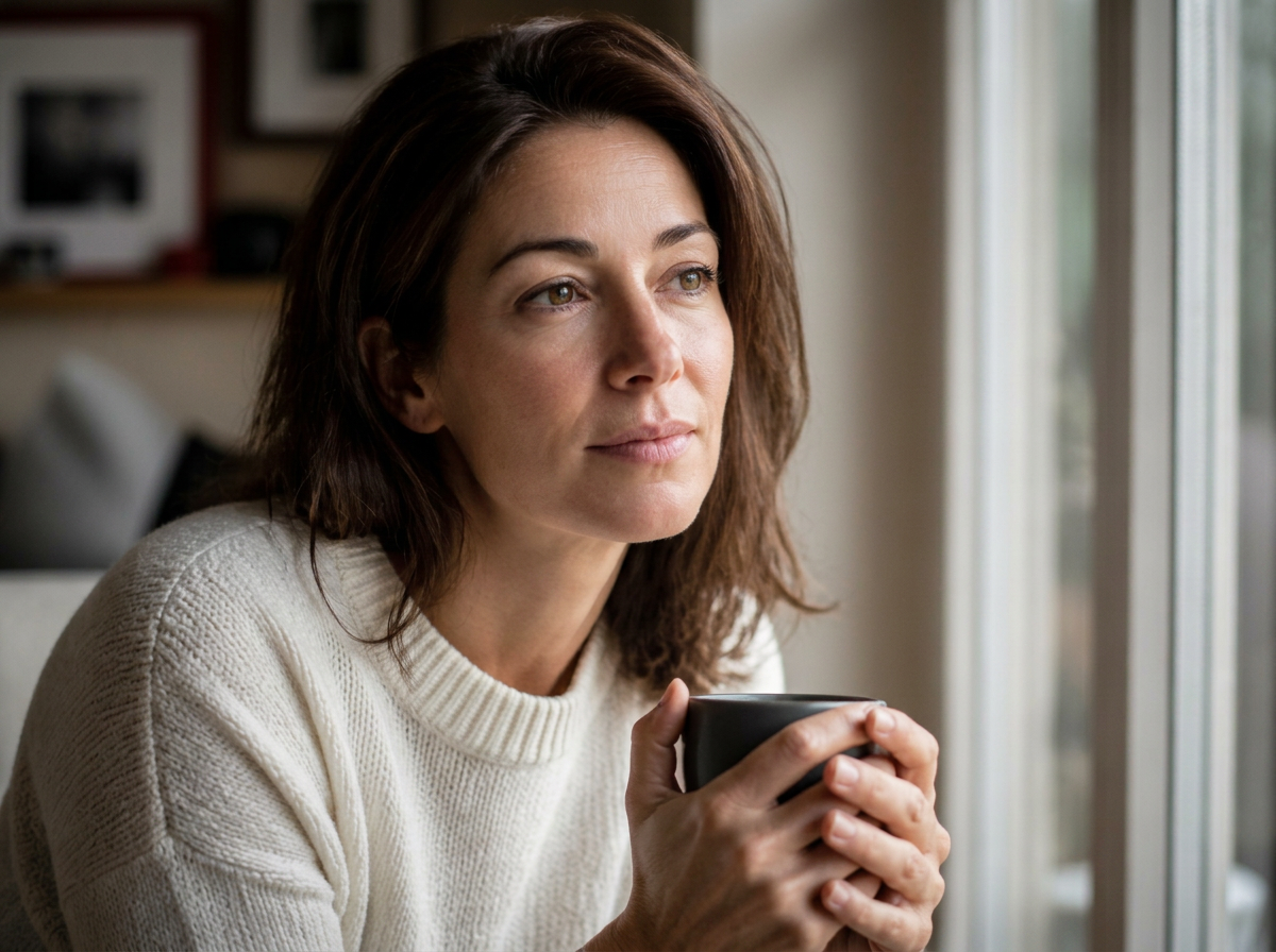 Woman in her late thirties sitting by a window with a coffee, looking thoughtful